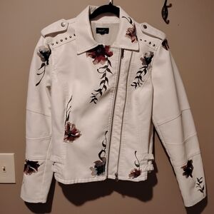 Mod X Women's White Embroidered Polyurethane Jacket with Floral Design